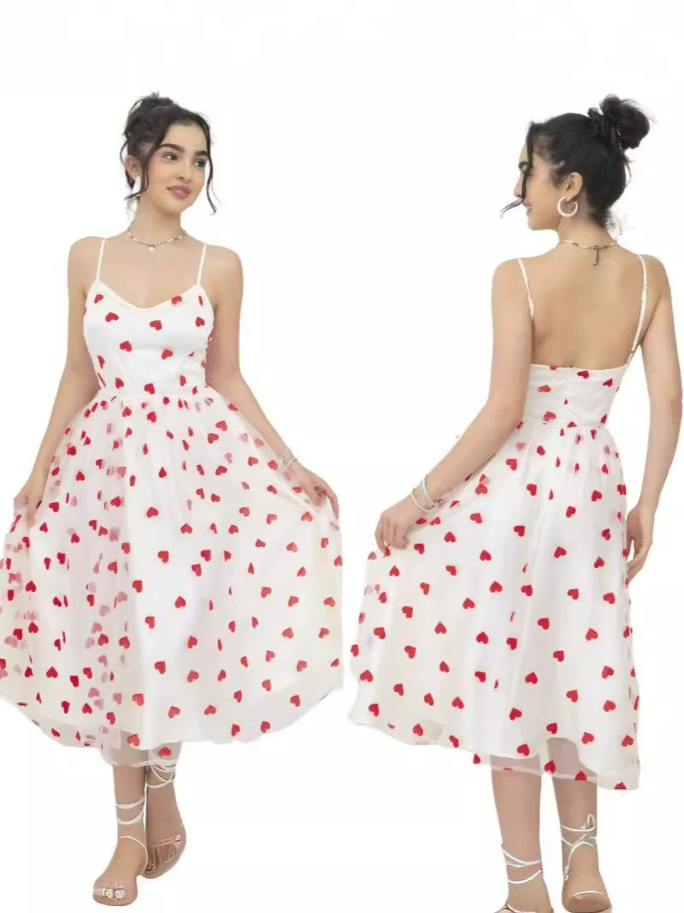 Zara Peach Heart Flocked Mesh Spaghetti Strap Dress Slim Fit